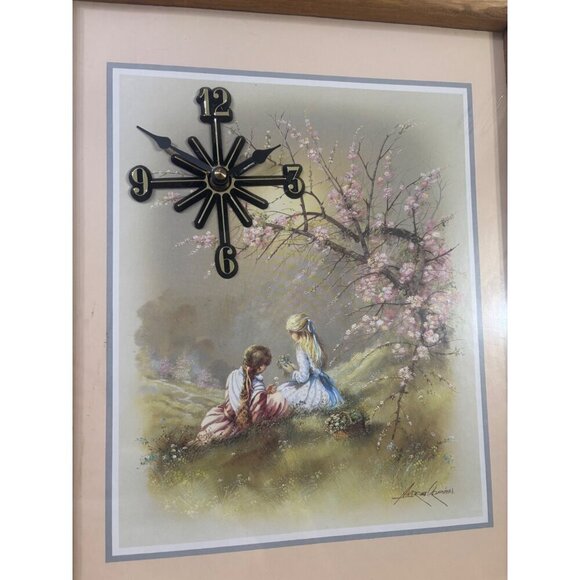 Vtg Andre Orpinas Solid Wood‎ Framed Clock Girls Meadow - Picture 2 of 5